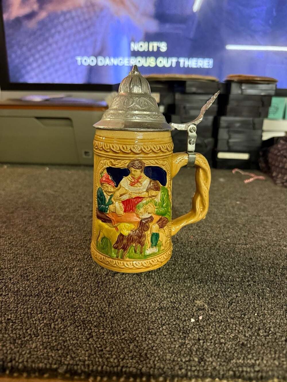 Vintage German-Style Ceramic Beer Stein with Pewter Lid and Relief Tavern Scene